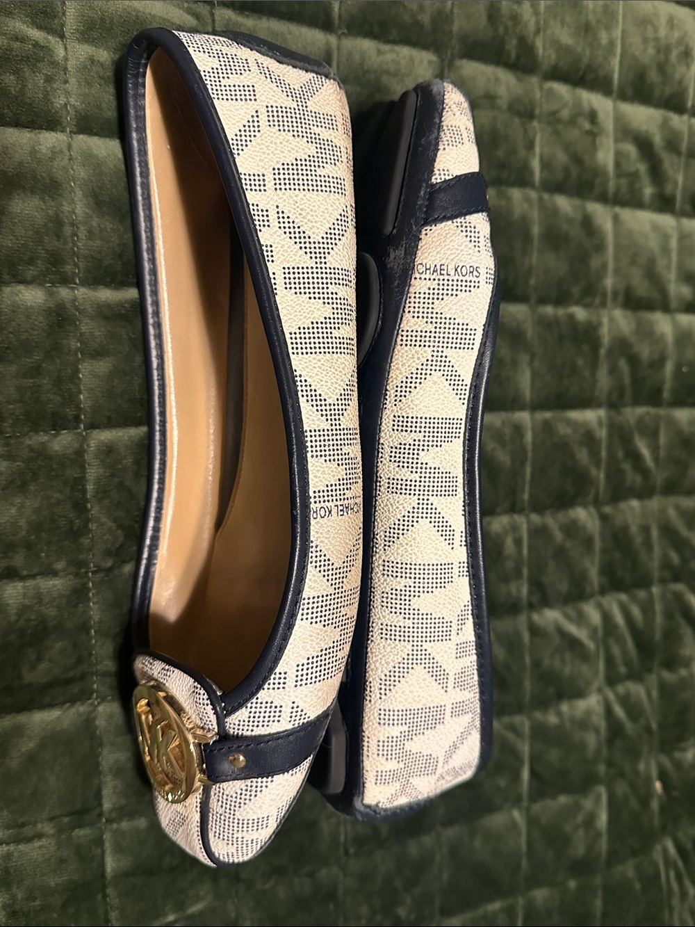 Michael Kors Navy & White MK Signature Logo Ballet Flats with Gold Hardware - Picture 15 of 16